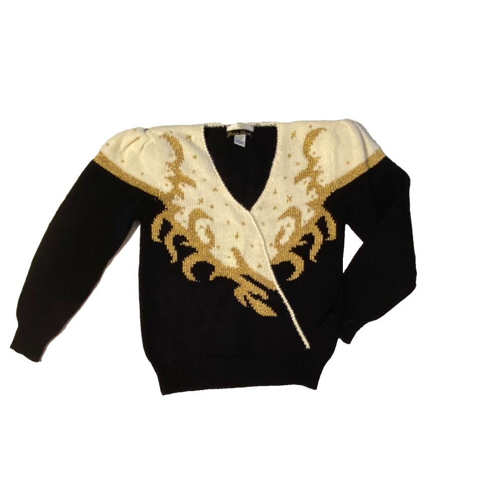 Vintage 80s Dana Scott gold Embellished Black & White V-neck Sweater‎ Size M